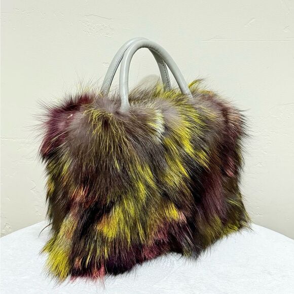 Colorful Handmade Luxury Real Fox Fur Top Handles Satchel Bag/Crossbody - Picture 2 of 16